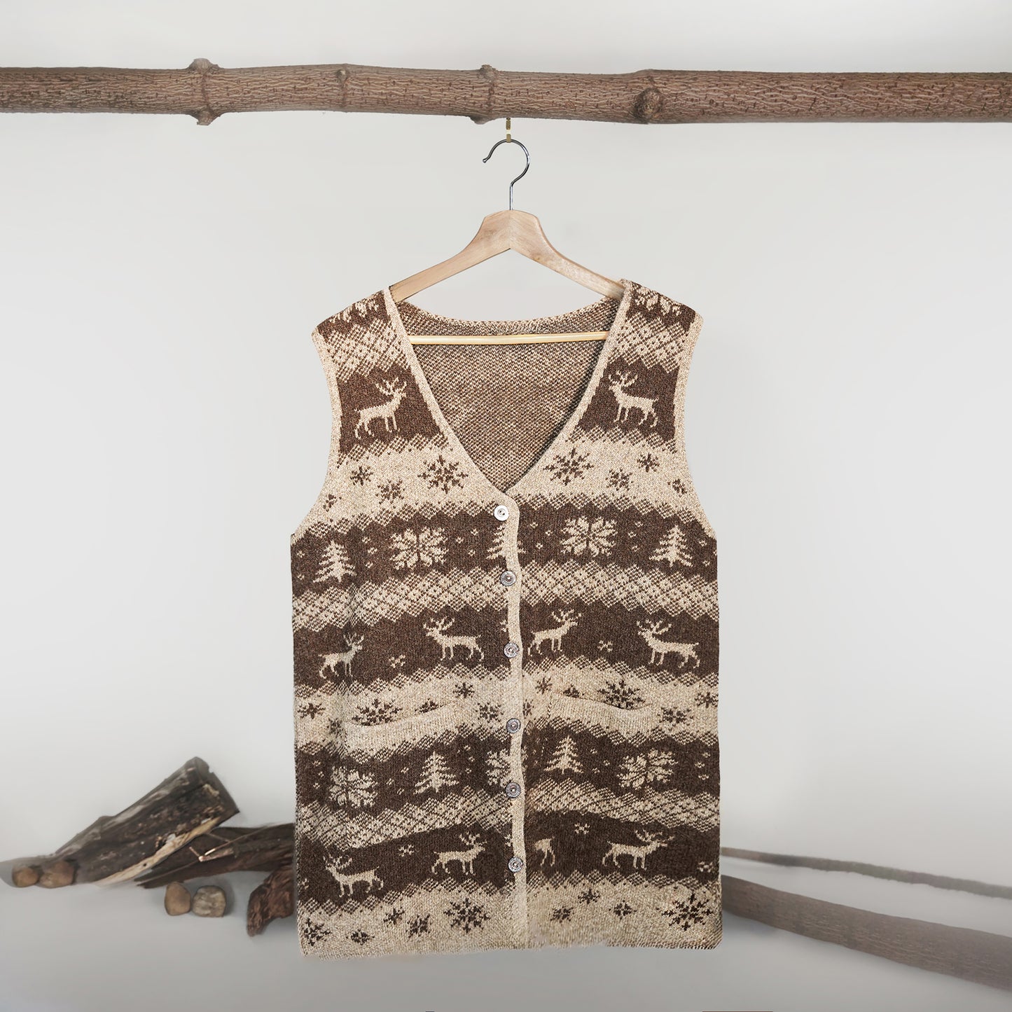 Adult Yak Wool Cardigan - Reindeer Print